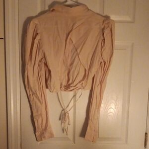 Fashion Nova Tan Tie Crop Blouse with Mandarin Collar